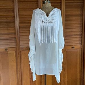 Monoreno | Sheer Ivory Fringe Tunic | M